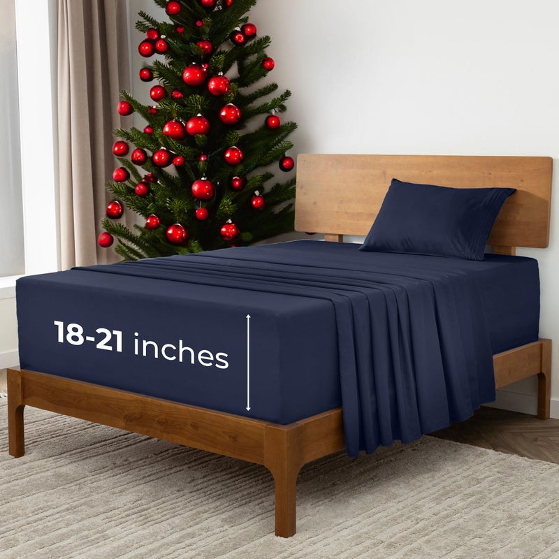 Mellanni Extra Deep Twin Sheets - 3 PC Iconic Collection Bedding - Hotel Luxury, Ultra Soft, Cooling Bed Sheets - Wrinkle, Fade, Stain Resistant (Twin, Navy Blue) - Image 1
